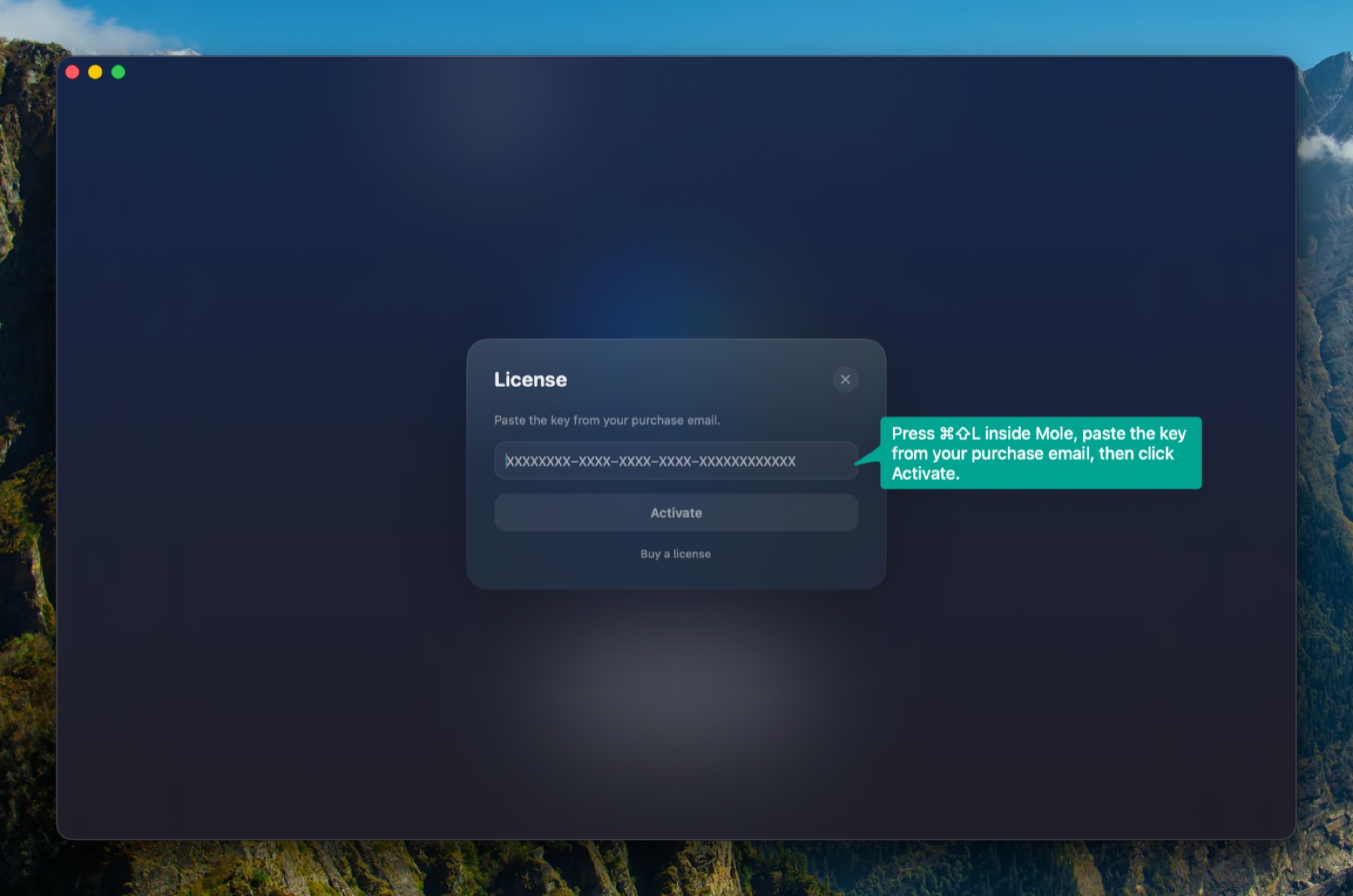 License activation panel inside Sweepr